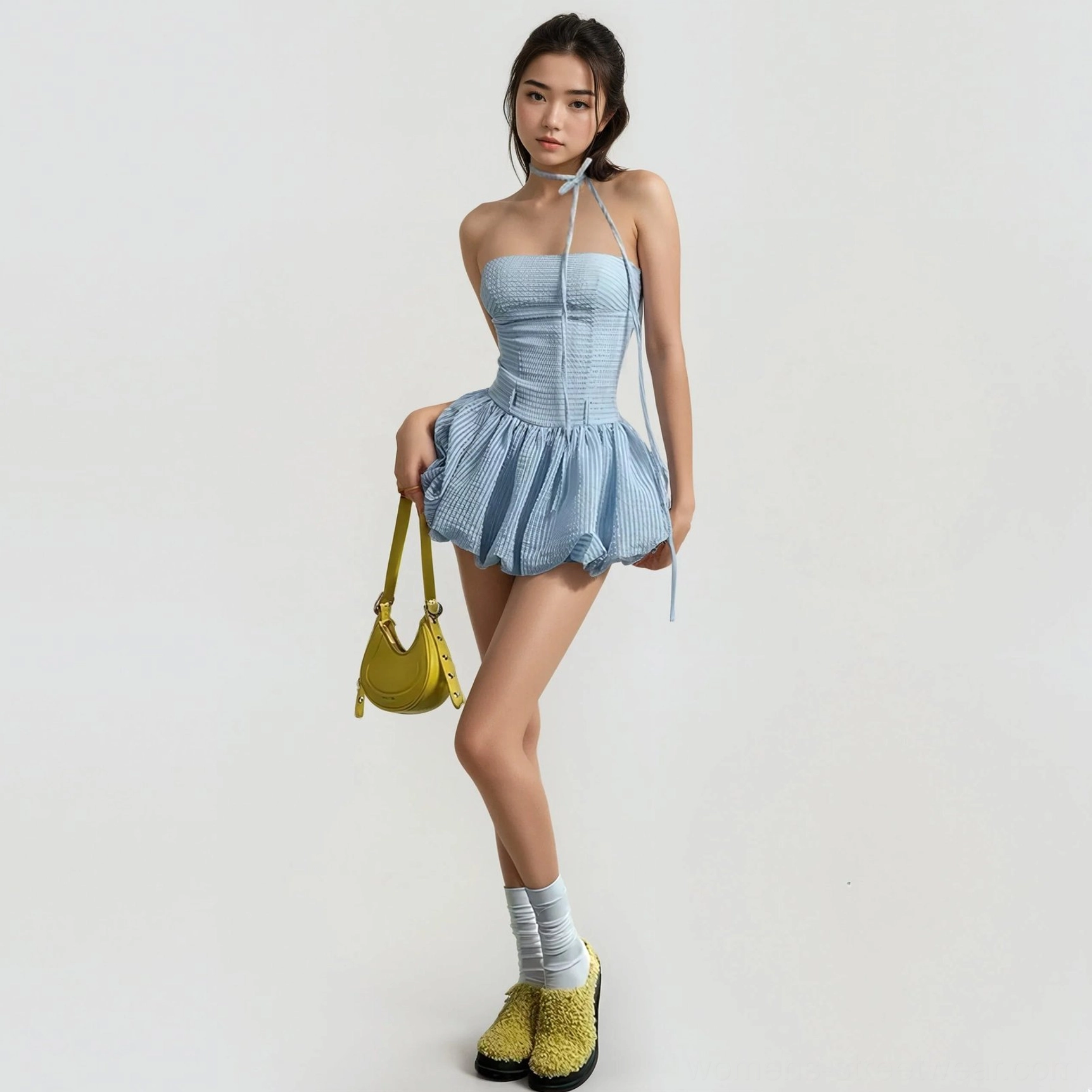 Light blue gingham mini bubble romper dress with halter neckline, corset waist and ruffled hem styled with yellow platform loafers