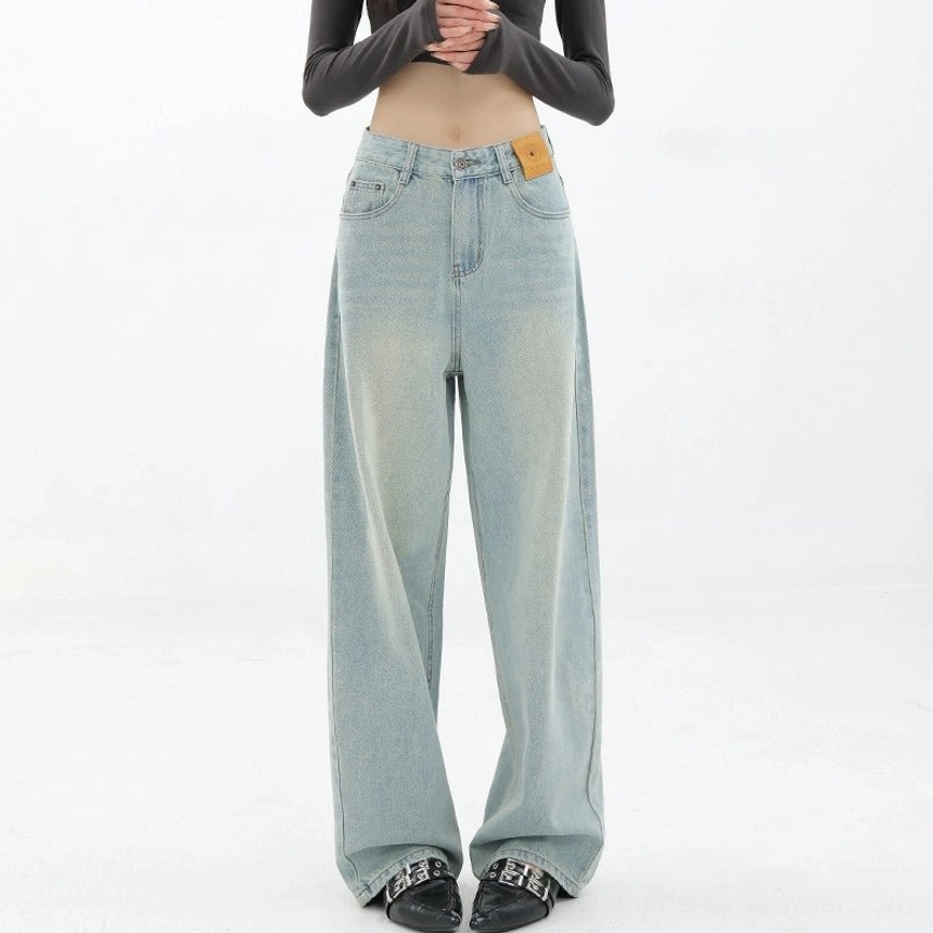 Light blue high-waist loose straight-leg floor-length jeans streetwear product image