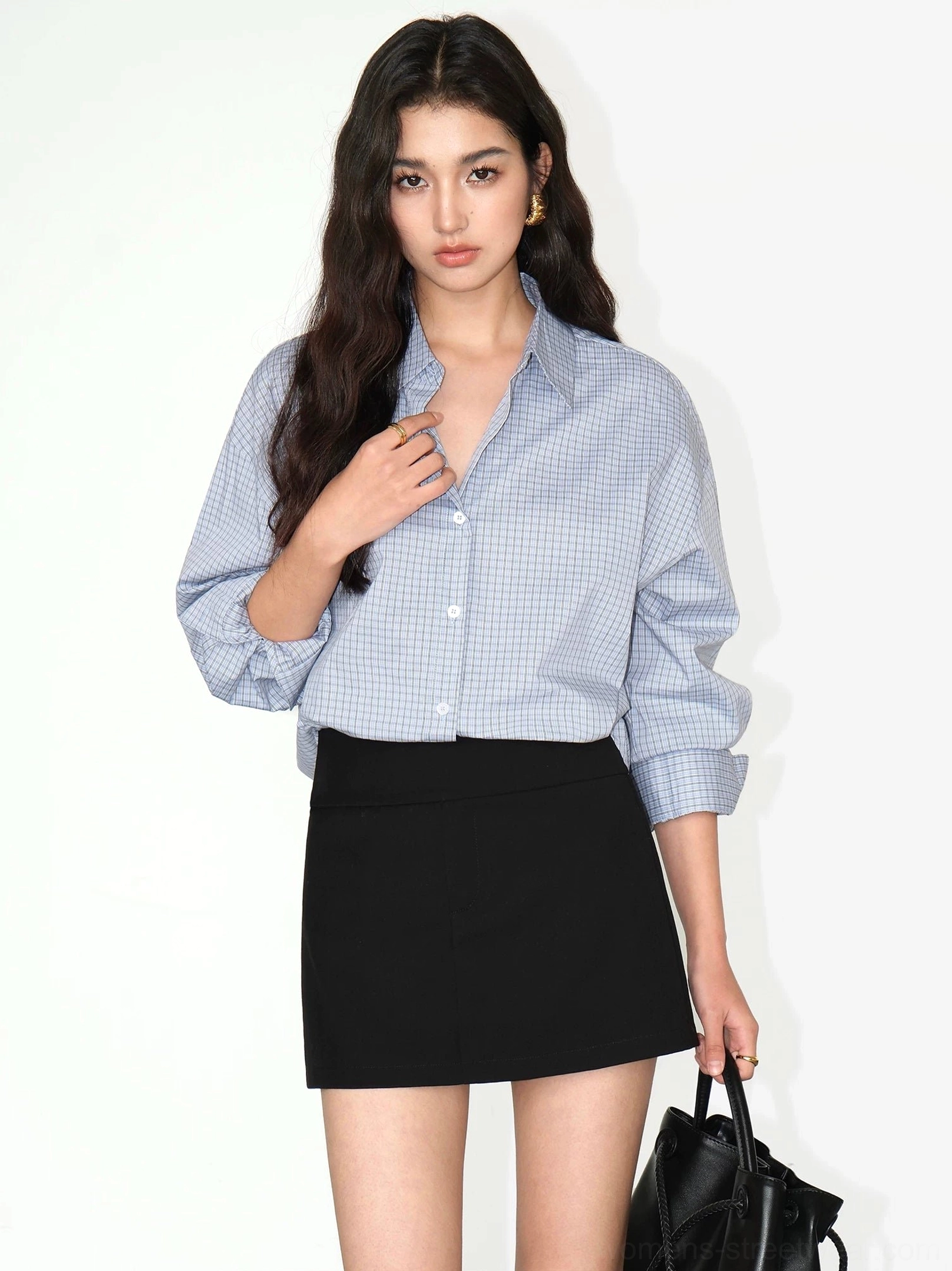 Light blue micro gingham relaxed button-front shirt with pointed collar and long sleeves