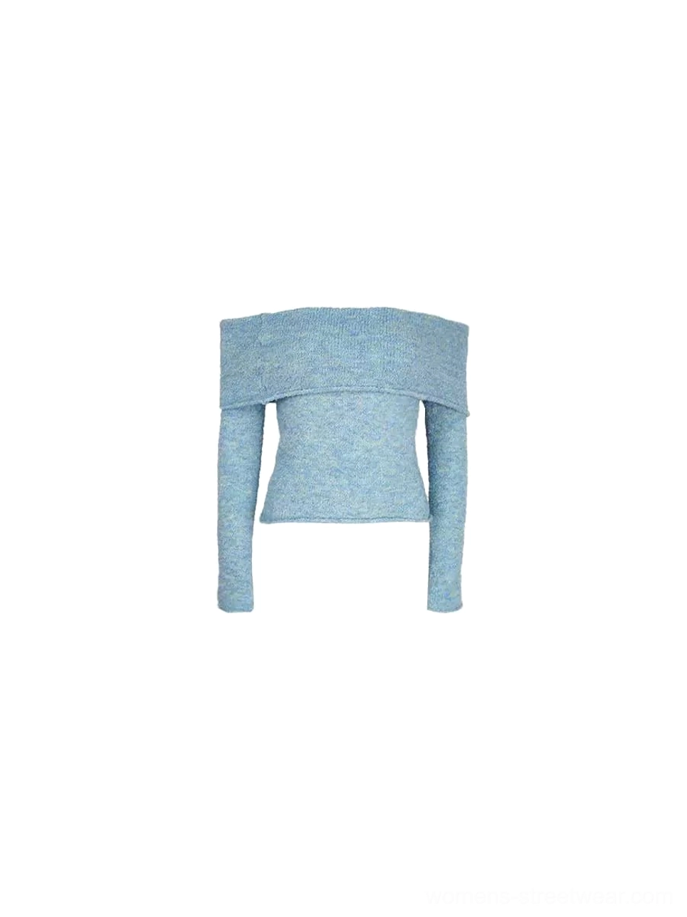 Light blue off-shoulder knit sweater top displayed flat on a white background with fold-over neckline and slim long sleeves