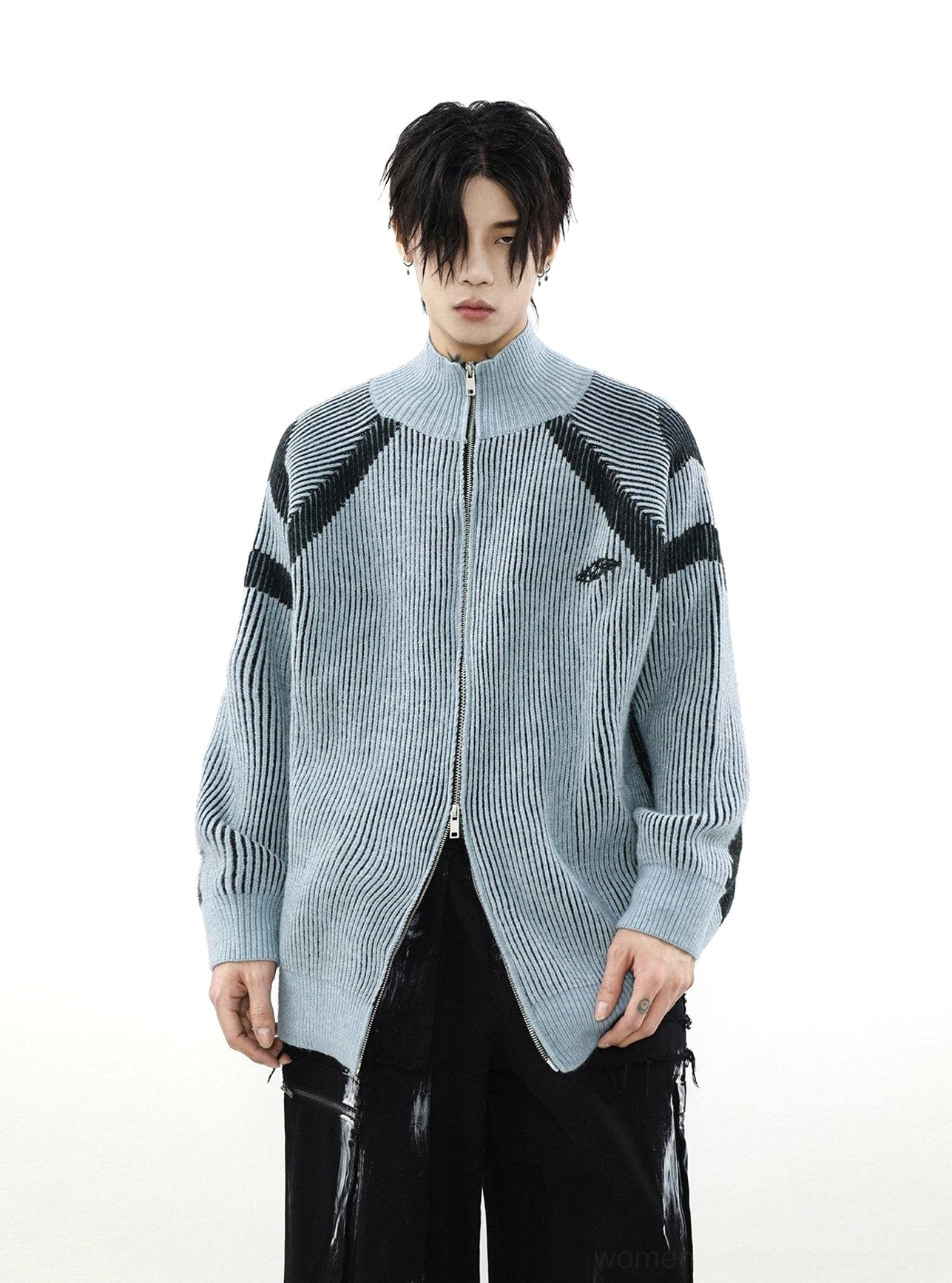 Light blue oversized knit zip cardigan with stand collar, relaxed silhouette, and modern East Asian streetwear design