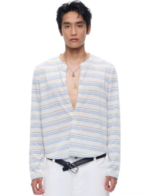 Light blue pastel stripe cropped cotton blend cardigan shown from the front on a male model in a minimalist studio