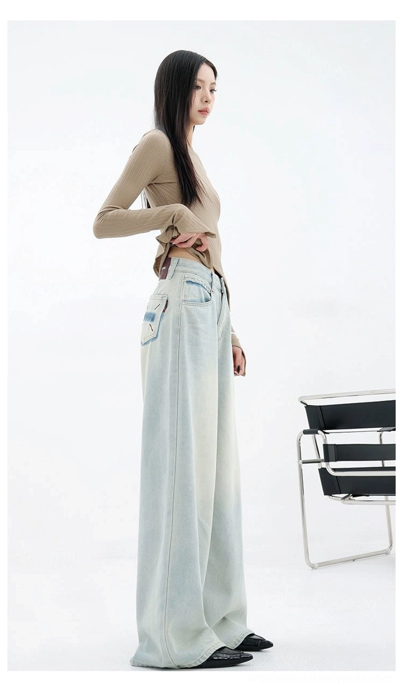 Back view of women wearing light blue relaxed wide-leg jeans with a clean streetwear silhouette and faded finish