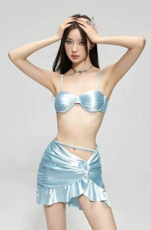 Light blue satin bralette and asymmetric ruffle mini skirt two piece set front full body view