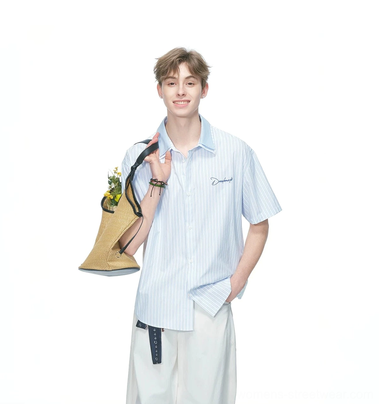 Light blue striped short sleeve button up shirt with contrast collar subtle chest embroidery and relaxed Seoul streetwear styling