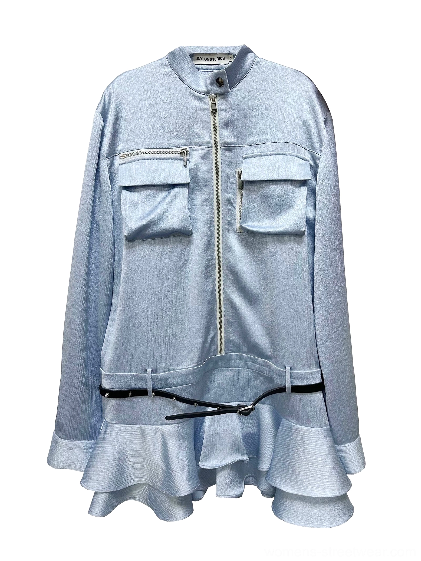 Flat lay of a light blue utility ruffle mini dress showing stand collar, front metal zipper, chest pockets, tiered skirt, and black adjustable waist belt