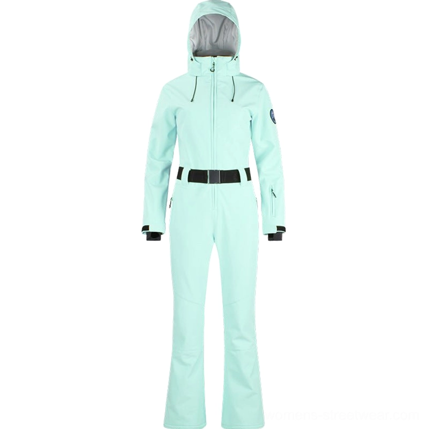 Light blue women's belted flared one-piece ski jumpsuit with detachable hood and sleeve pass pocket