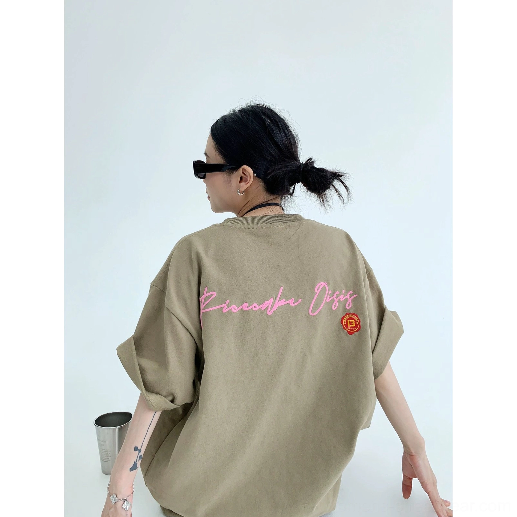 Light brown oversized neon script graphic tee color option with heavyweight cotton fabric and relaxed contemporary streetwear silhouette