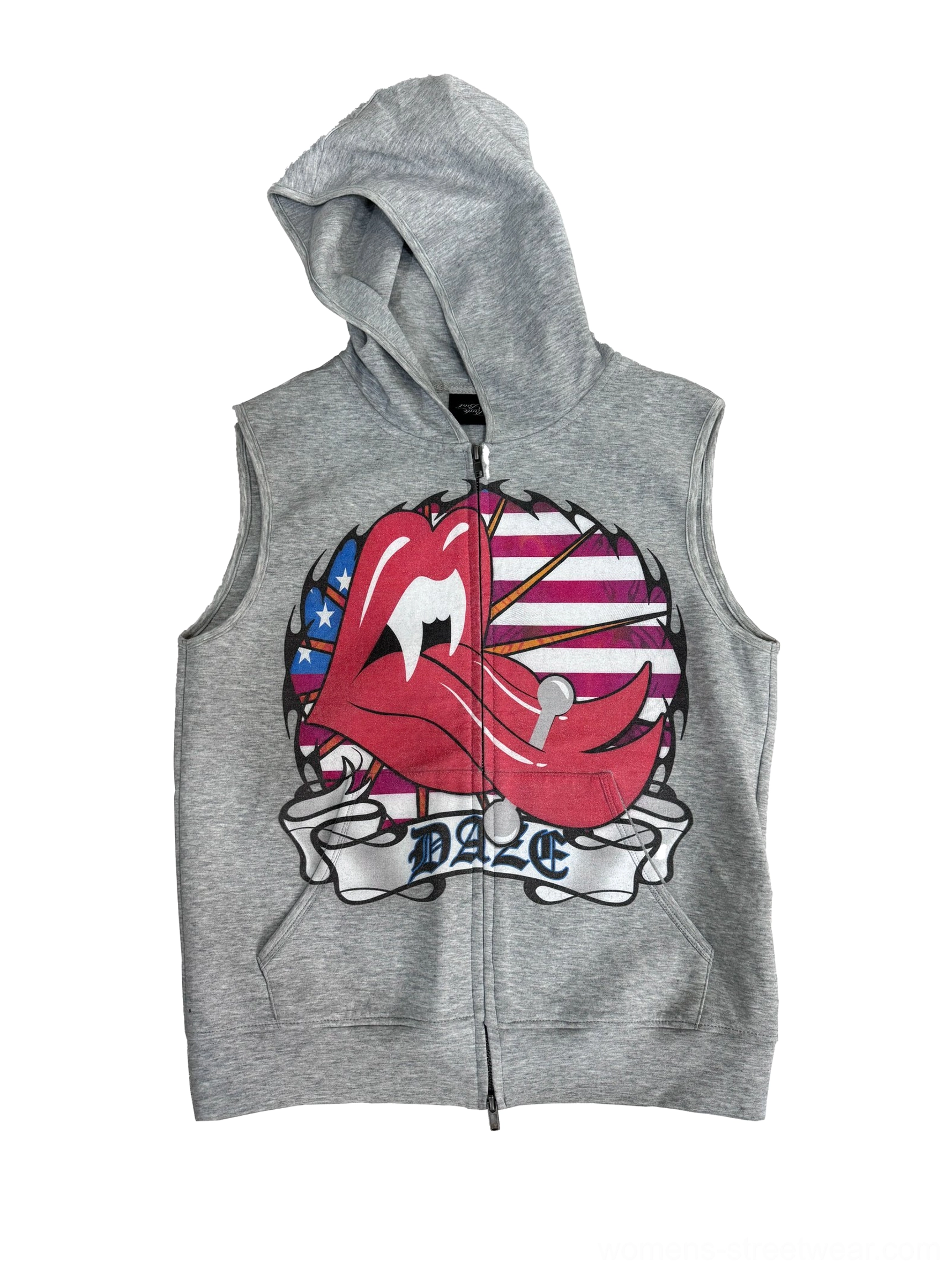 Flat lay of light gray Americana flag lips graphic sleeveless zip-up hoodie vest with hood and kangaroo pockets