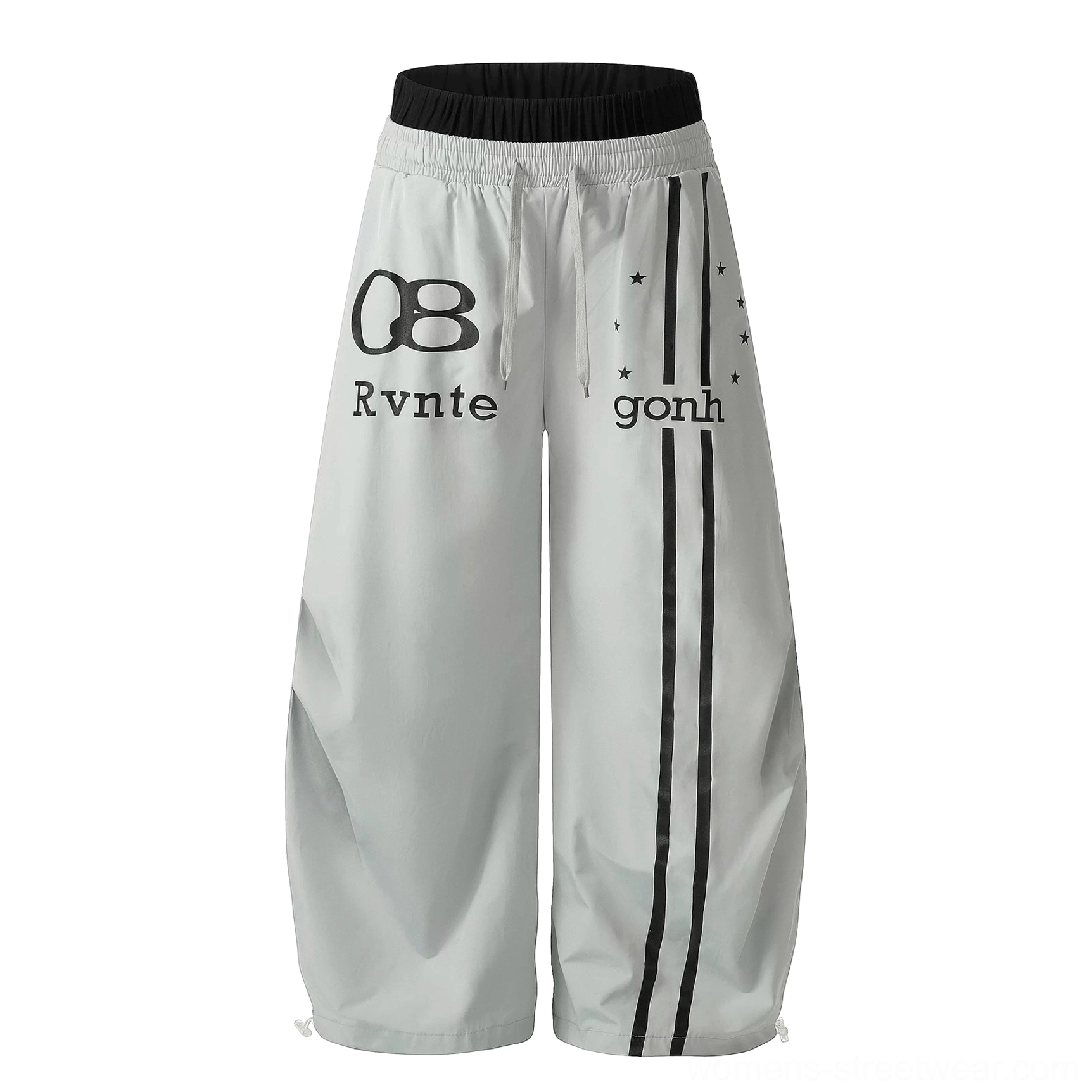 Light gray Astro Stripe track pants colorway with black accents, oversized wide-leg cut, varsity graphics, and relaxed urban styling