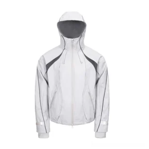 Light gray contrast panel hooded shell jacket front flat lay with dark gray shoulder panels and zip pockets