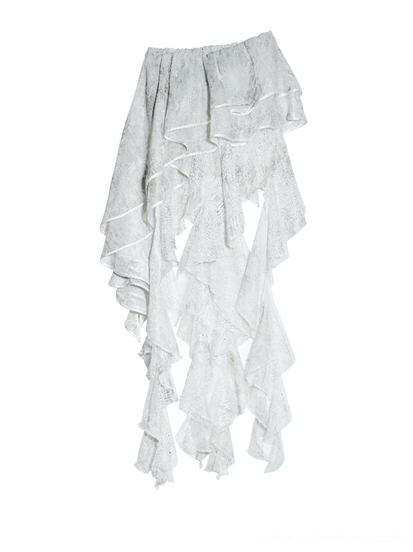 Light gray convertible lace ruffle tube top maxi skirt product image featuring an irregular cascading maxi-length silhouette