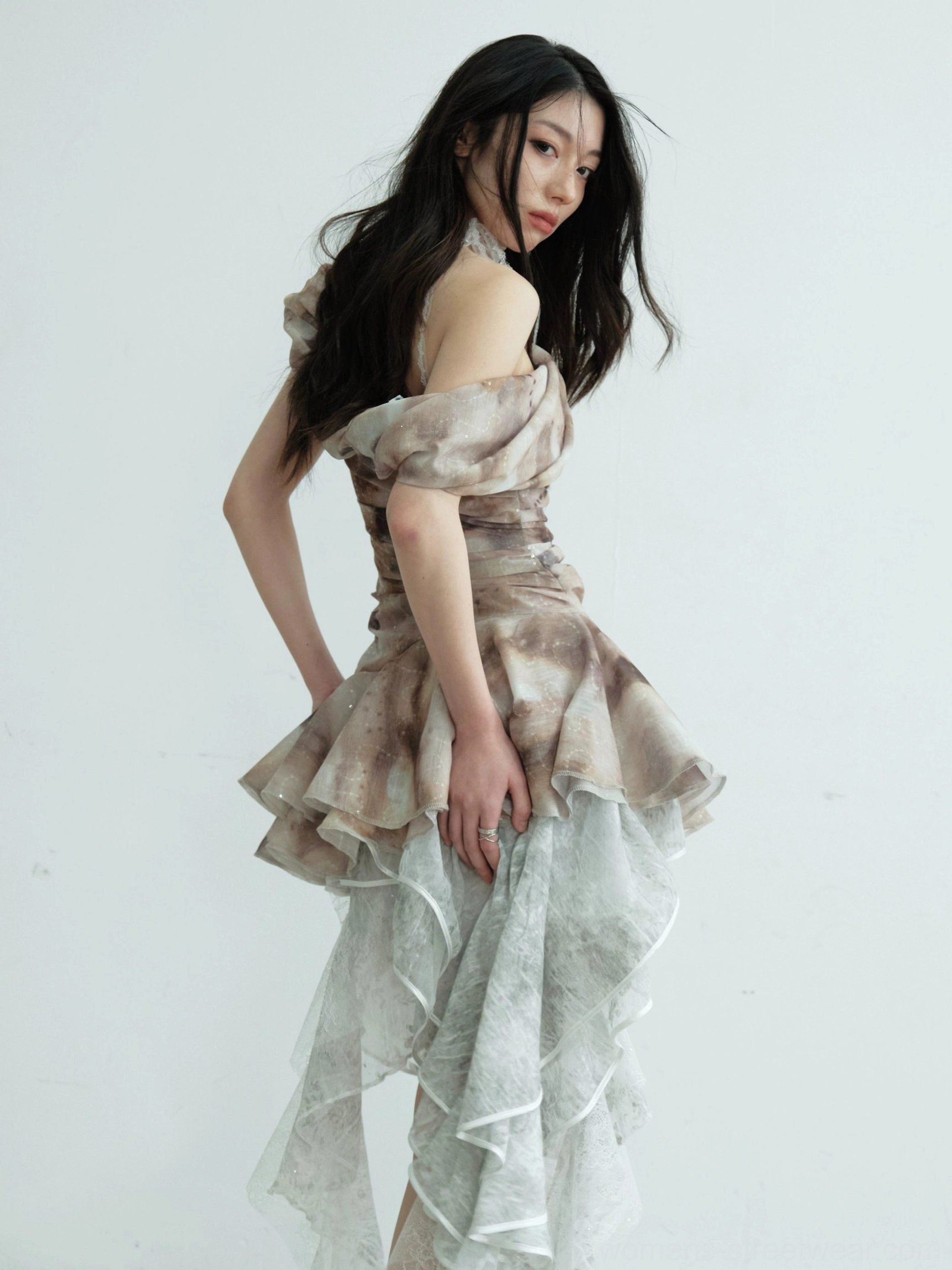 Light gray sheer lace ruffle tube top maxi skirt close-up showing the textured layered edge and soft neutral color