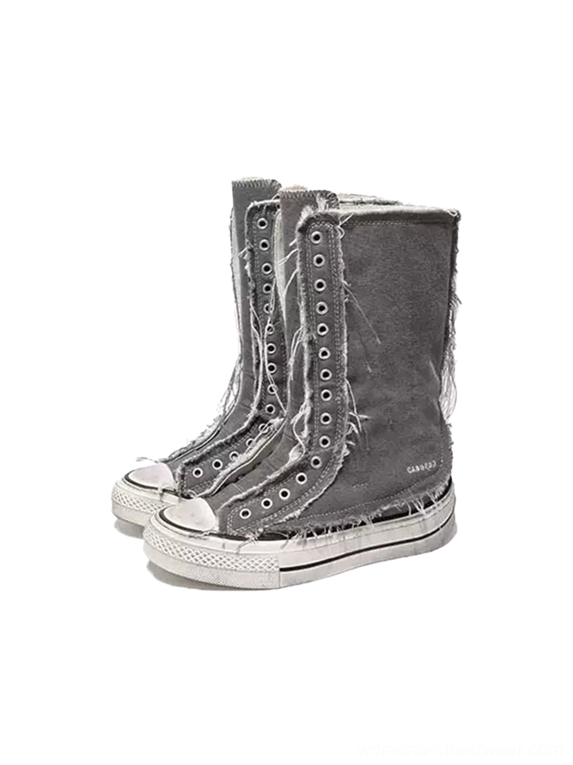 Pair of light gray distressed high-top canvas platform boots with frayed side details and white platform soles