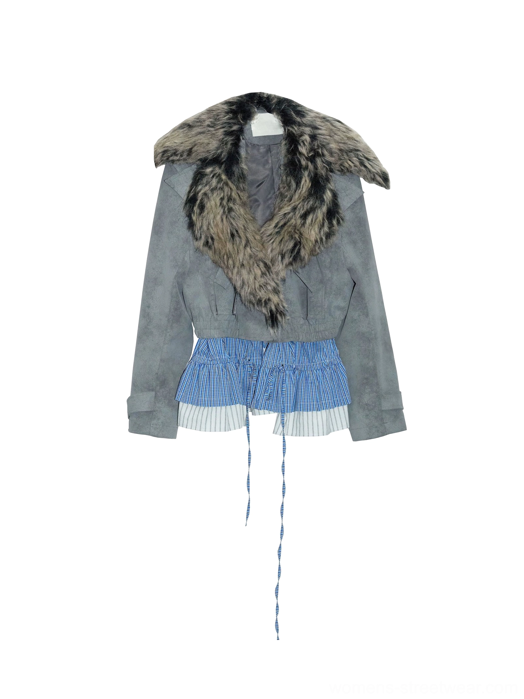 Flat lay of a light gray cropped jacket with large faux fur shawl collar blue plaid pleated hem and drawstring detailing