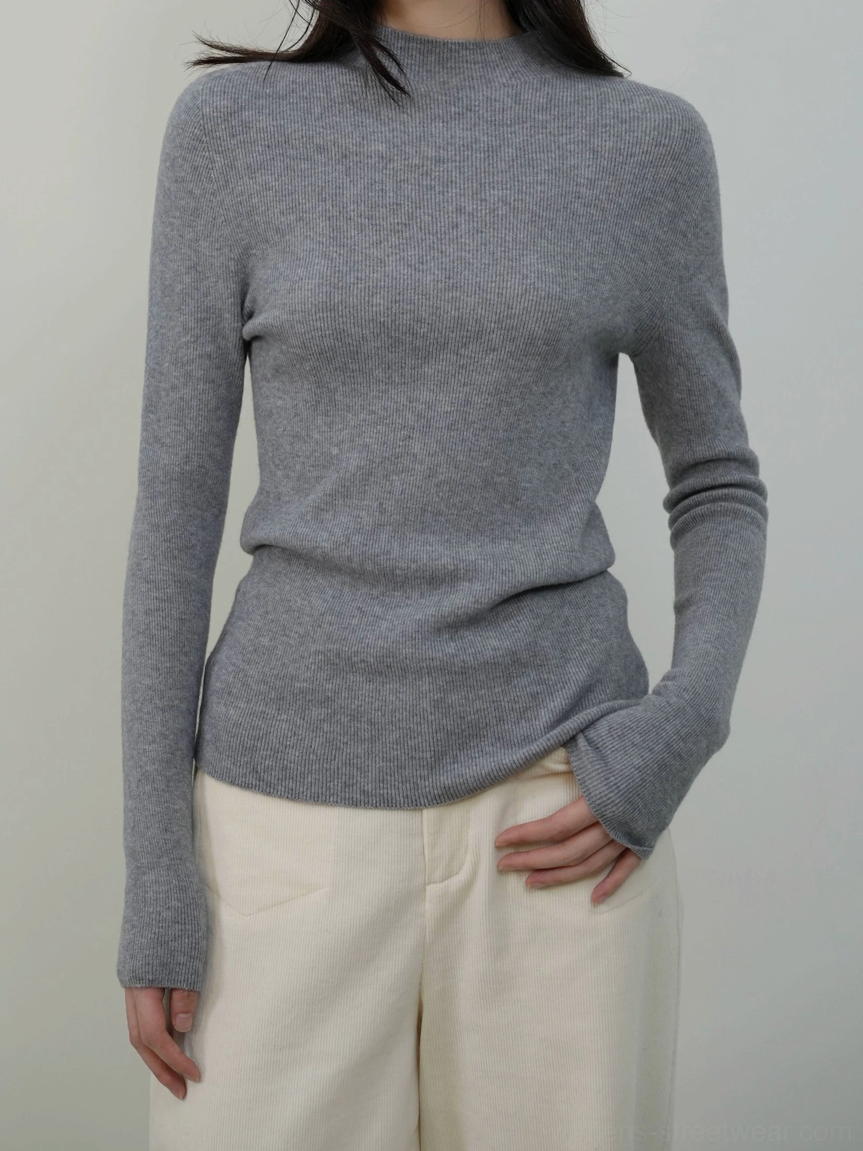Light gray fitted mock neck sweater for women with soft stretch knit and versatile everyday layering appeal