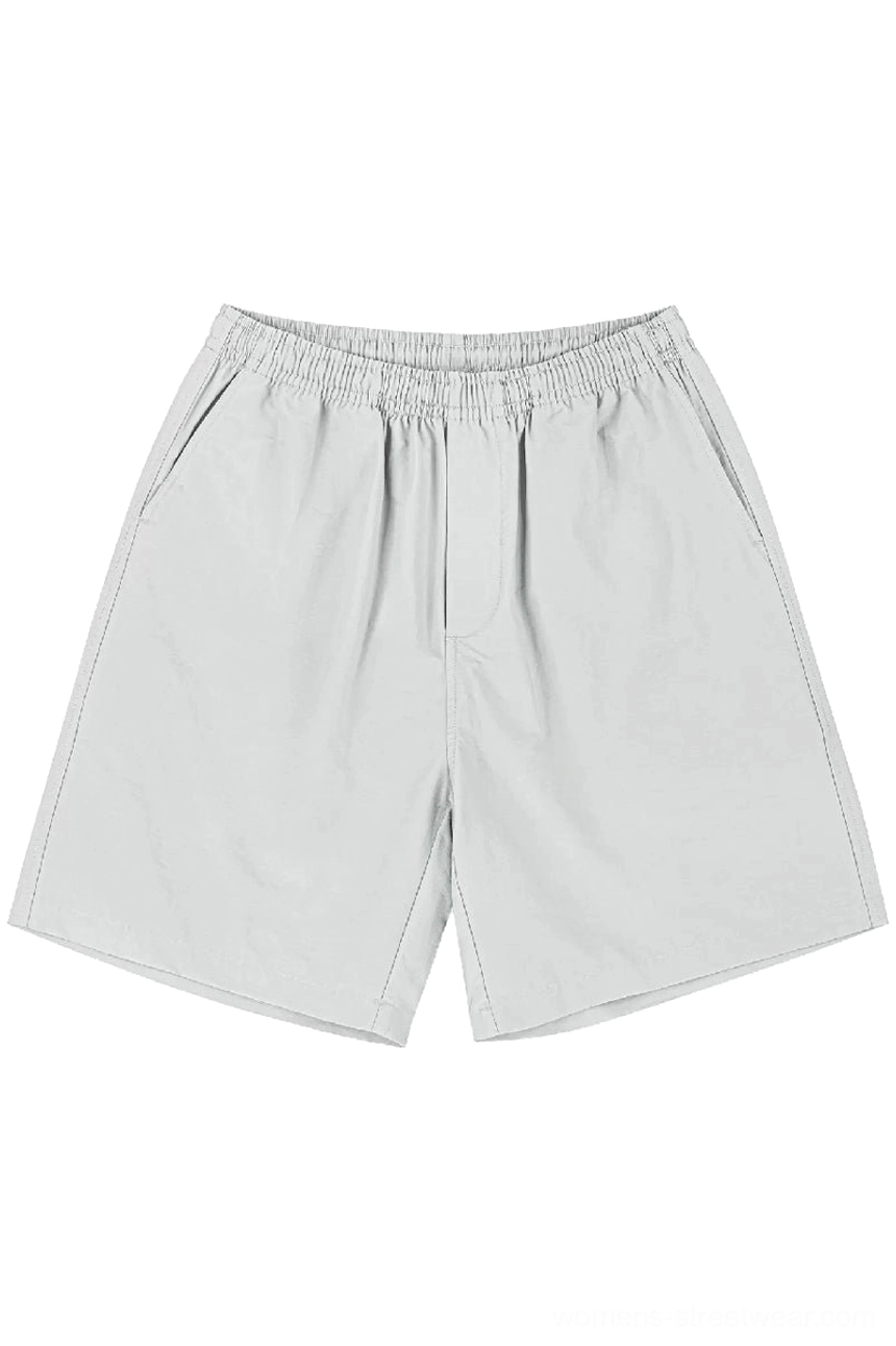 Light gray heavyweight cotton streetwear shorts with elastic waistband and minimalist straight-leg silhouette