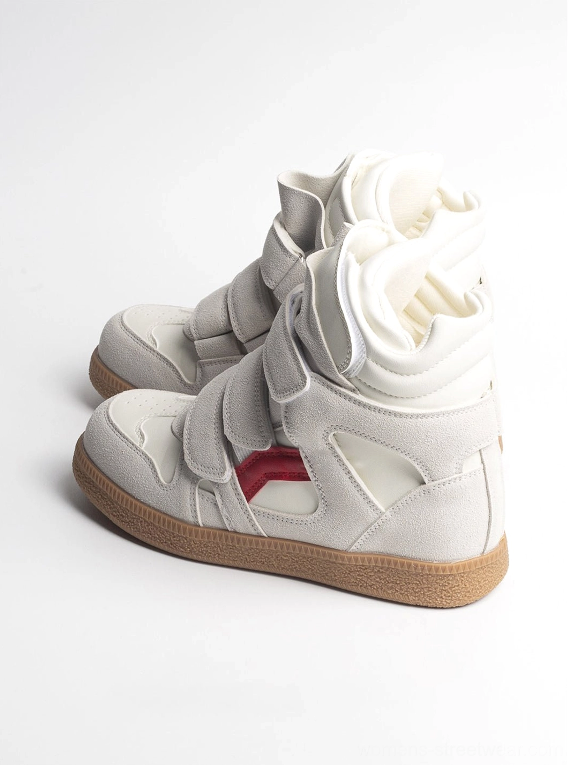 Rear view of light gray suede hidden-wedge high-top sneakers with layered hook-and-loop straps, padded shaft, and gum rubber outsole