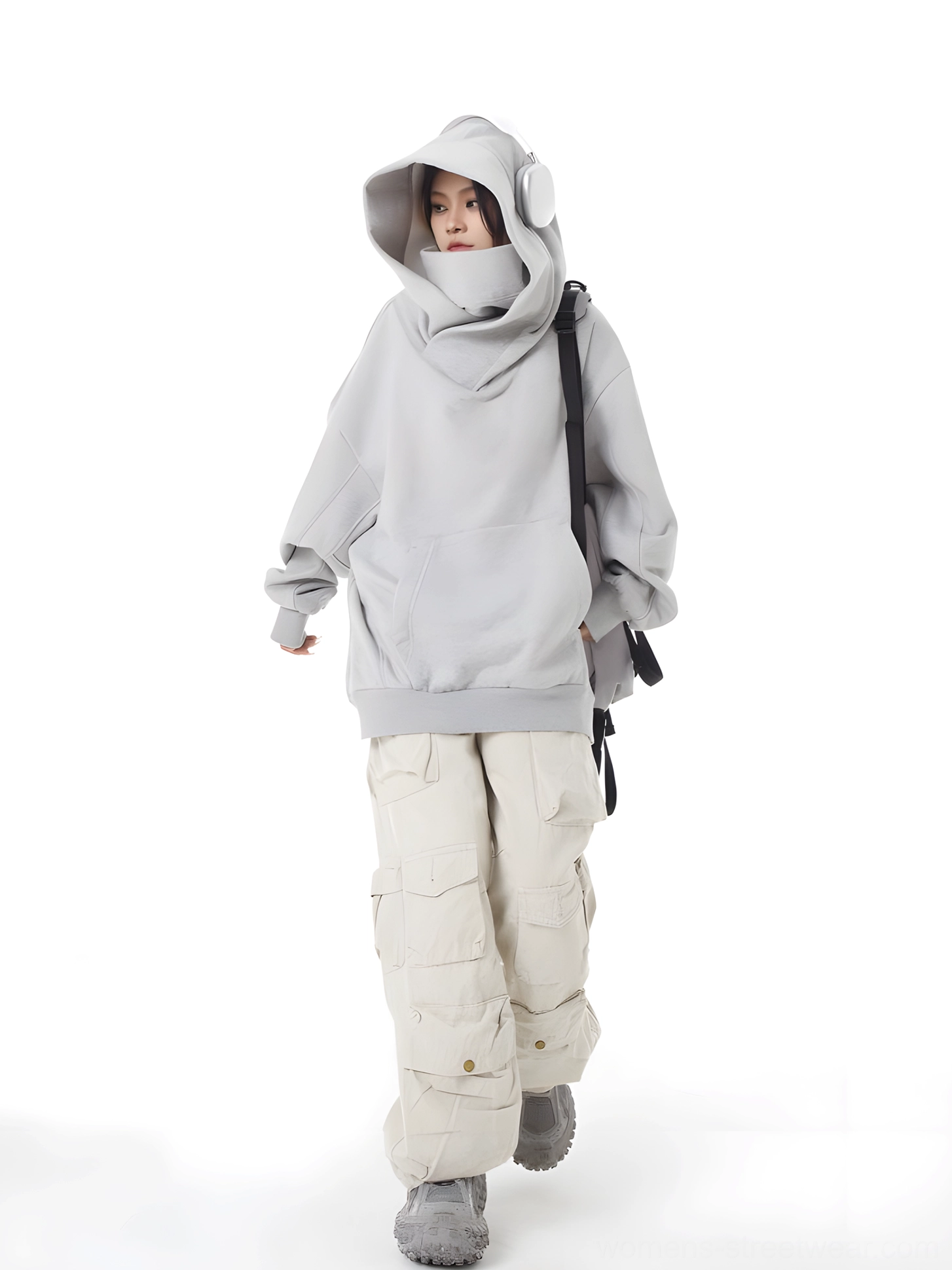 Light gray high-neck hooded pullover for women with oversized silhouette and casual Seoul street fashion appeal