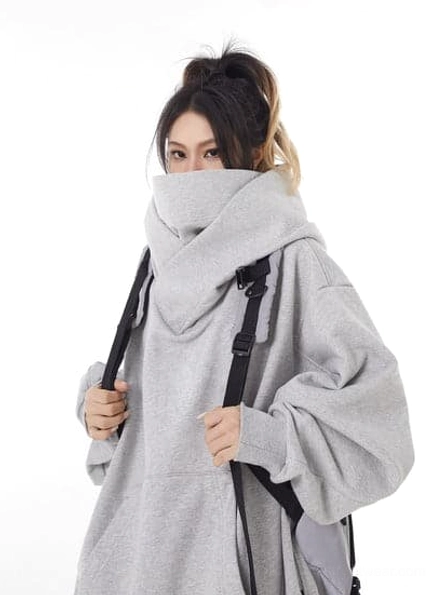 Light gray high-neck hooded sweatshirt with long oversized sleeves, lower-face coverage, and modern Korean streetwear styling