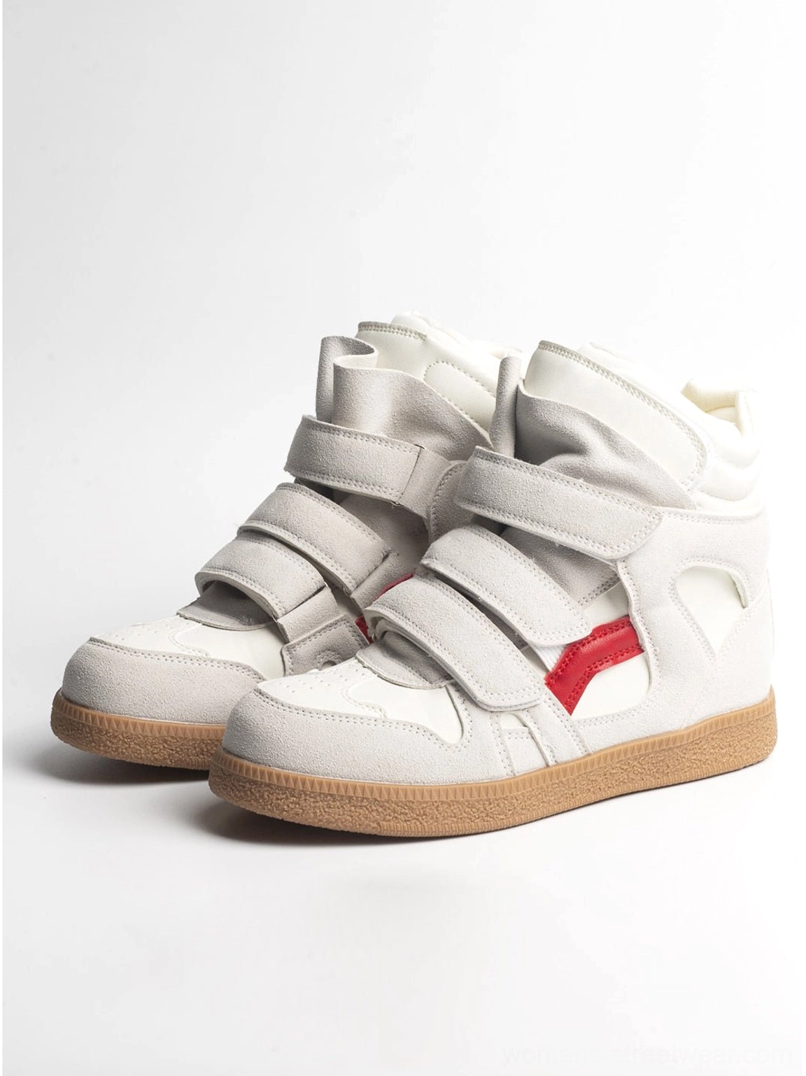 Pair of light gray multi-strap hidden-wedge high-top sneakers with red side accents, padded high collars, rounded toes, and lace-up fronts