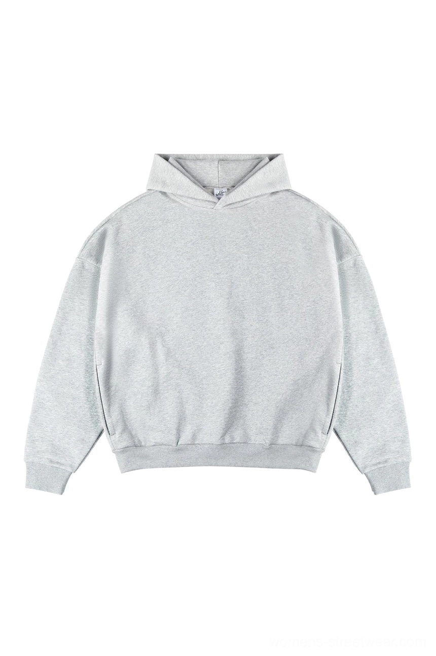 Light gray oversized pullover hoodie with minimalist Acubi style design dropped shoulders and ribbed trim