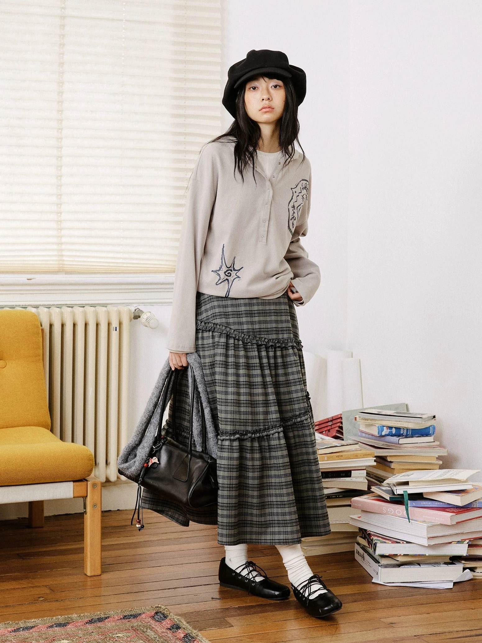 Light gray oversized embroidered graphic Henley polo shirt in soft cotton for modern Korean streetwear styling
