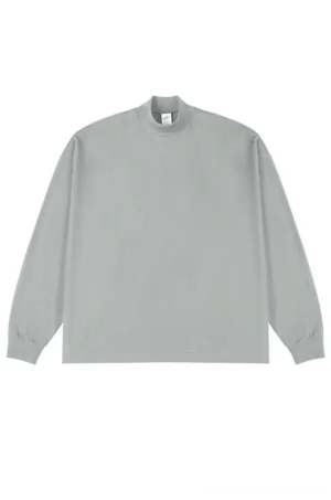 Light gray oversized mock neck long sleeve cotton T-shirt with relaxed Korean streetwear silhouette