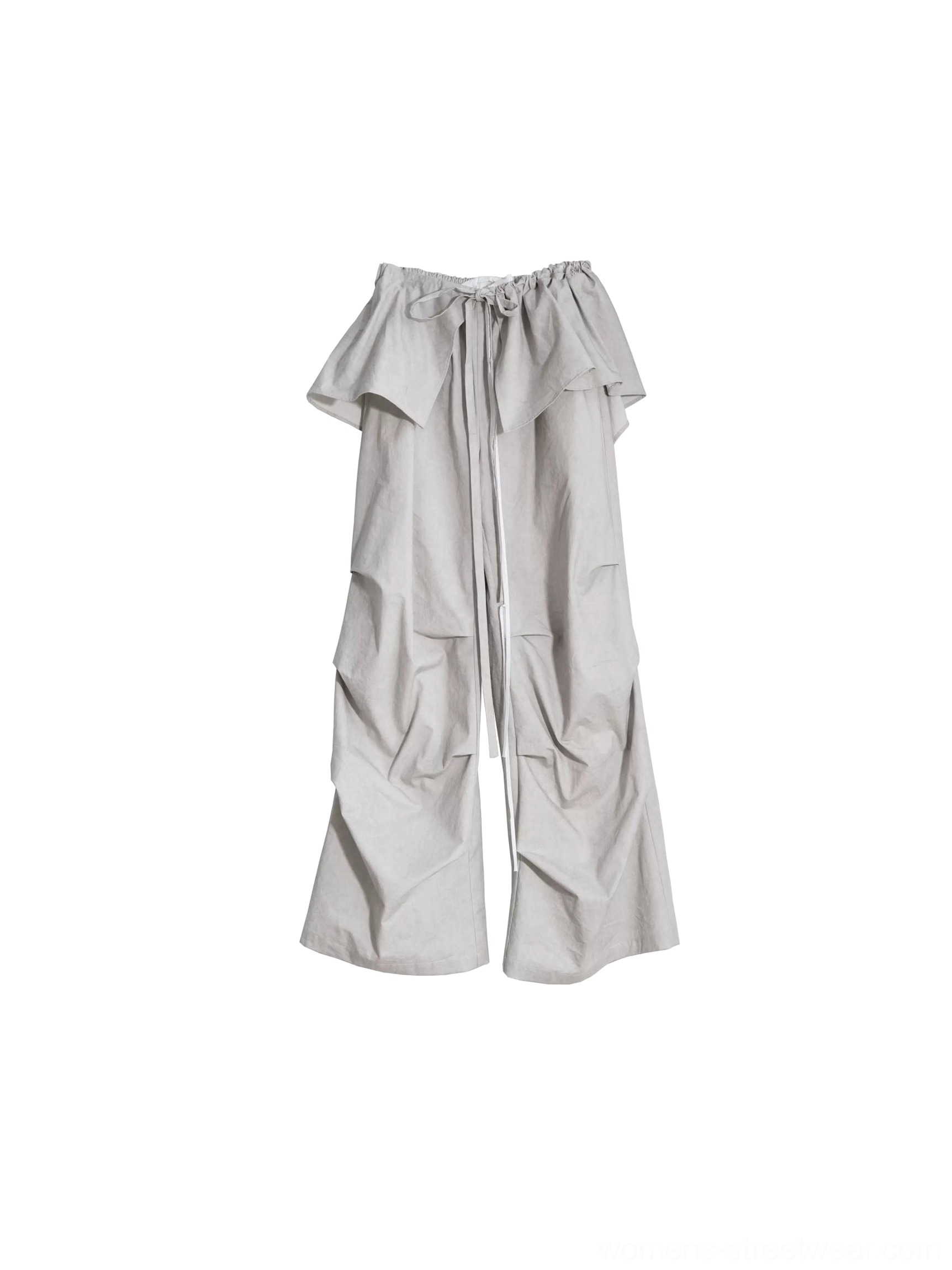 Flat lay view of light gray ruffled palazzo cargo pants showing layered waist panel, drawstring details, crinkled texture, and wide-leg shape