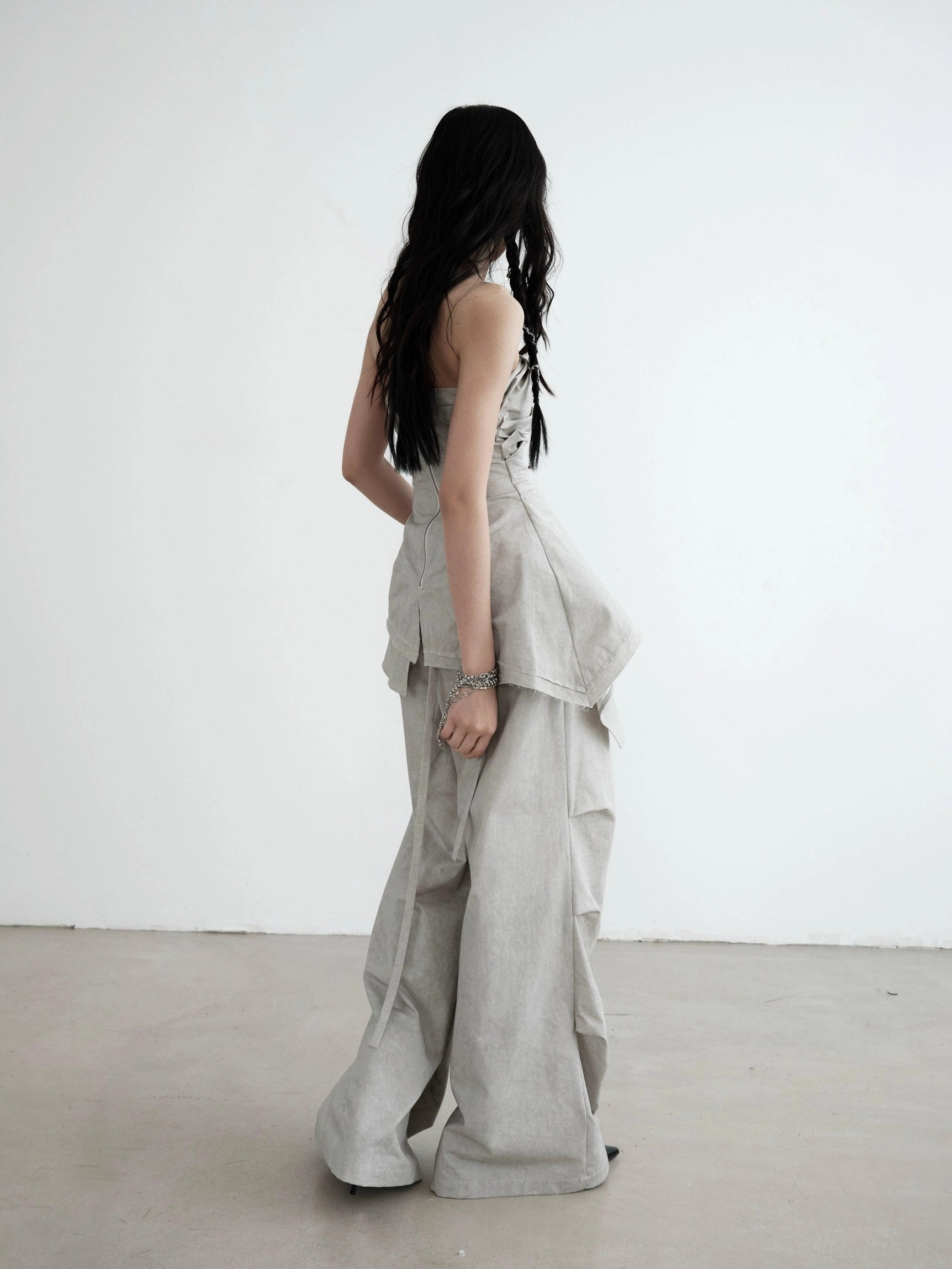Light gray strapless ruched asymmetric draped top fashion product image in a modern Seoul streetwear style