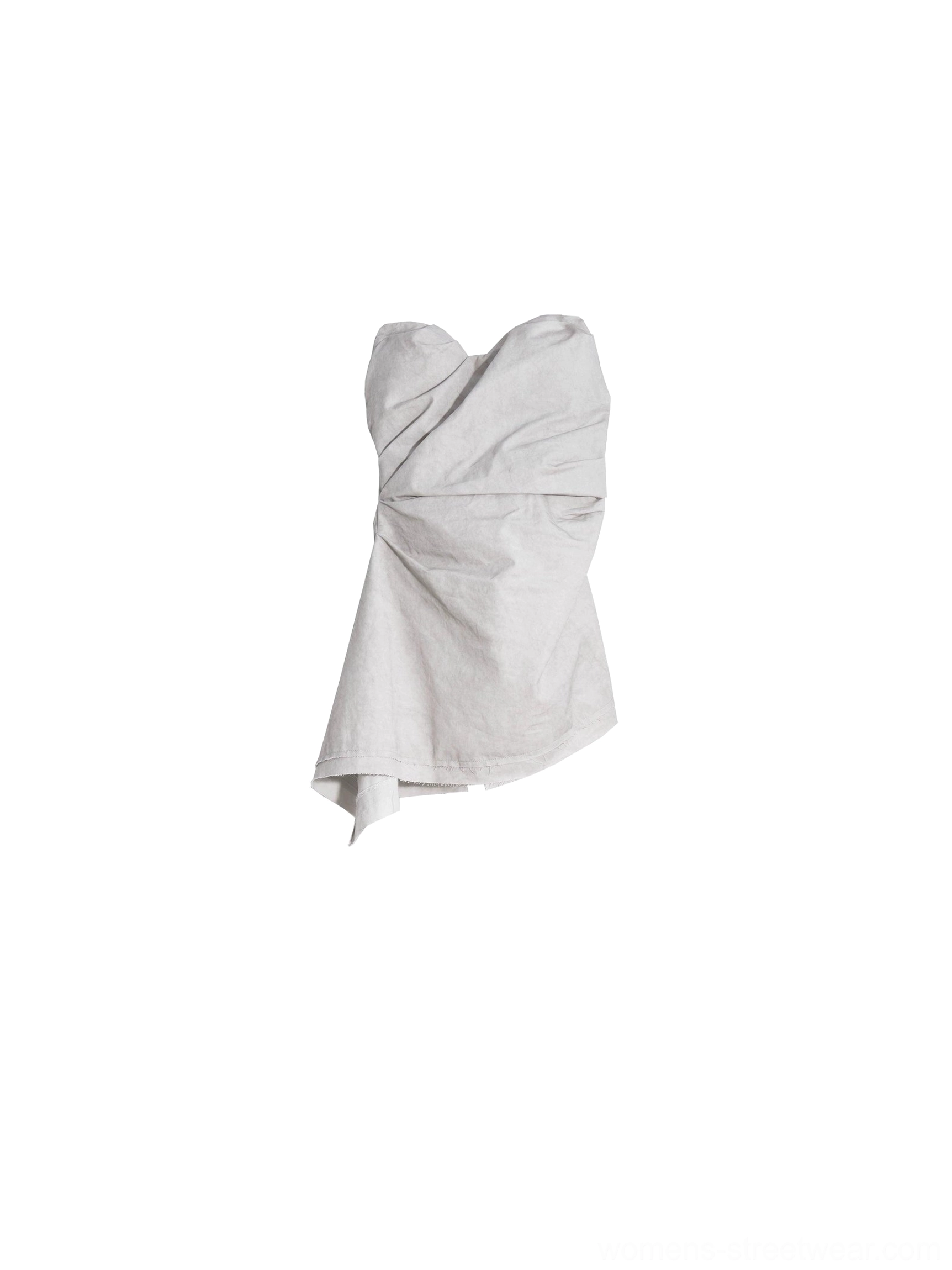 Light gray strapless ruched asymmetric draped top flat lay showing sweetheart neckline and uneven layered hem