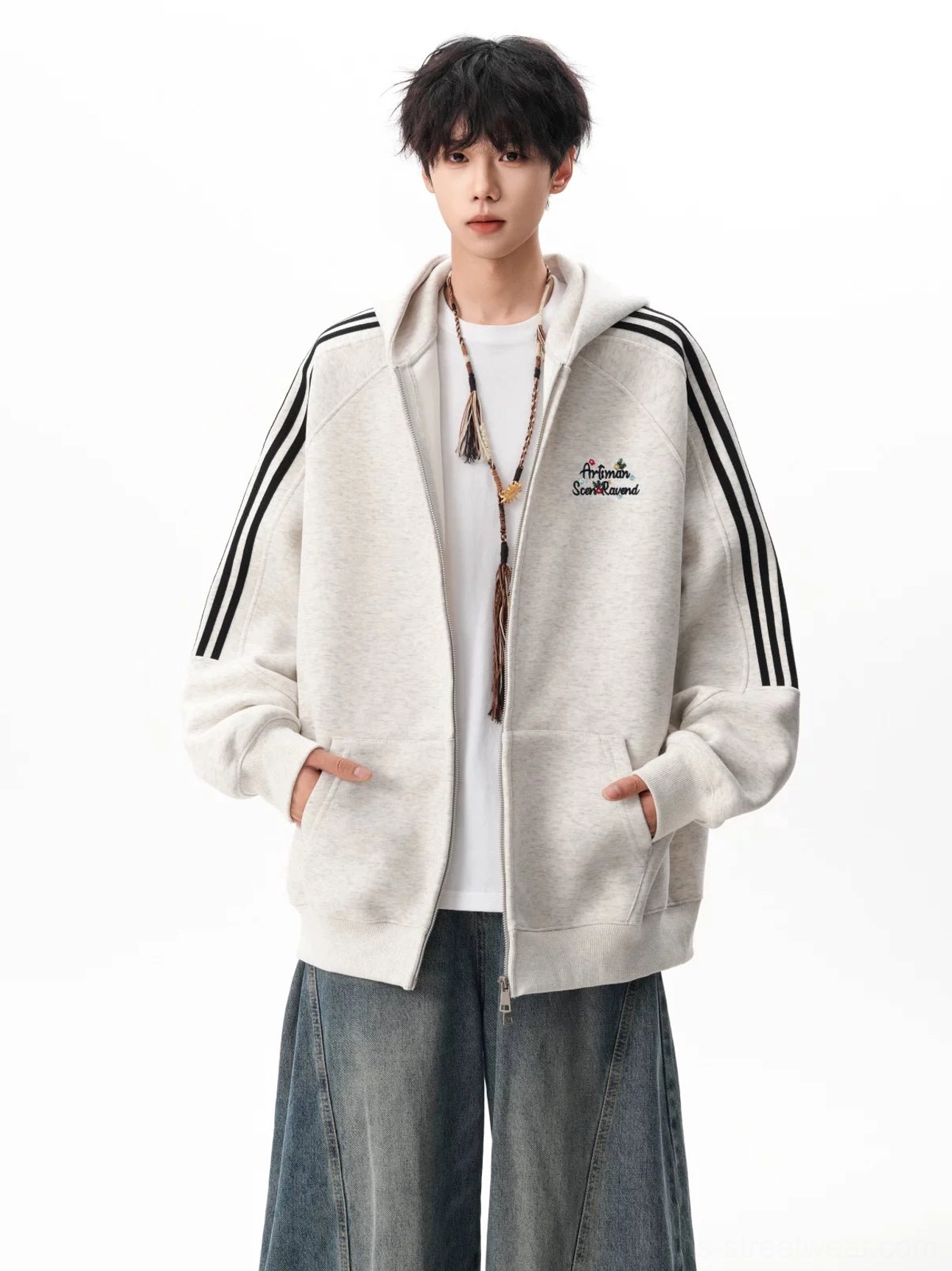 Light gray triple stripe zip hoodie styled with a white tee, necklace, and wide-leg jeans for a modern Korean streetwear outfit