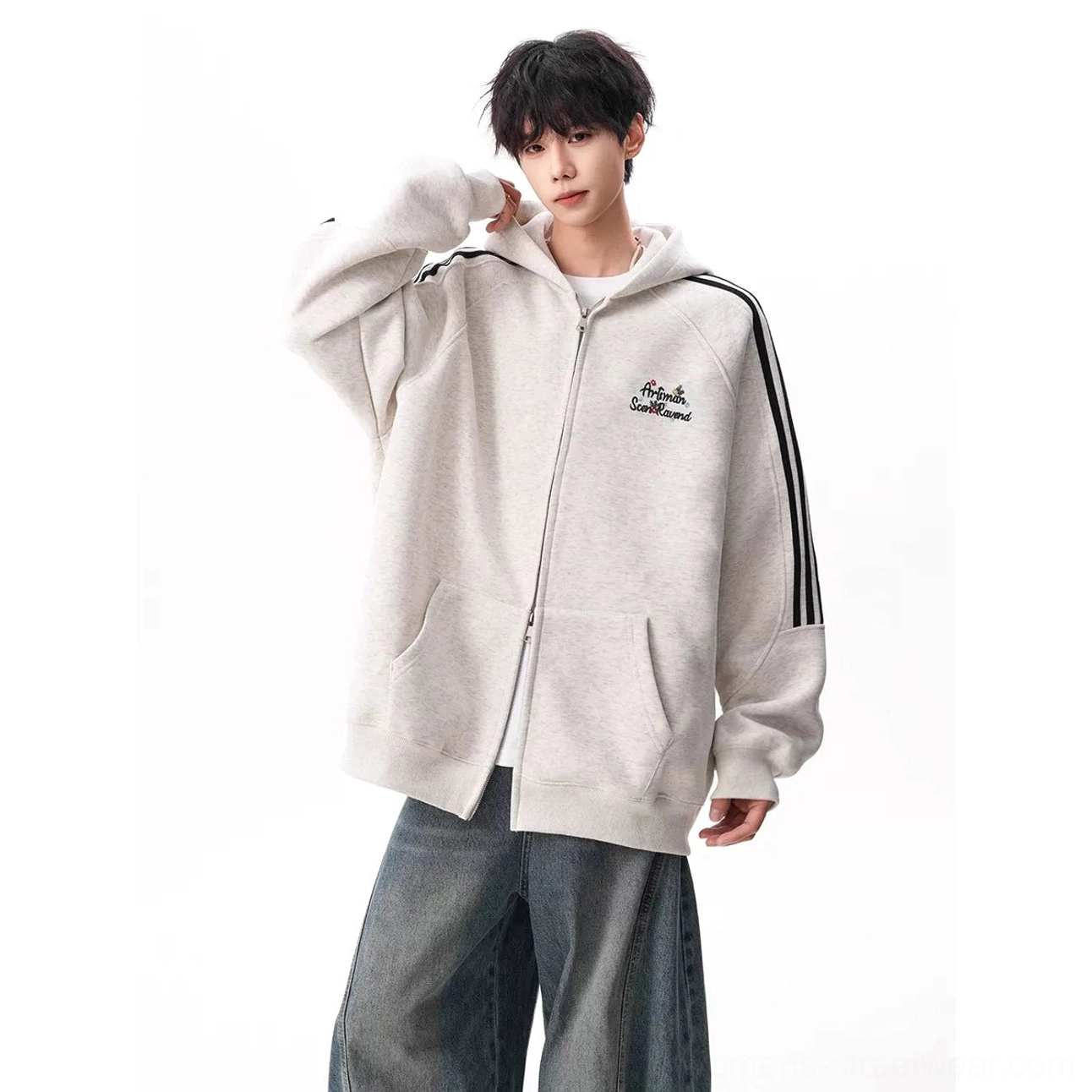 Light gray triple stripe zip hoodie colorway with embroidered chest detail and modern oversized Korean streetwear design