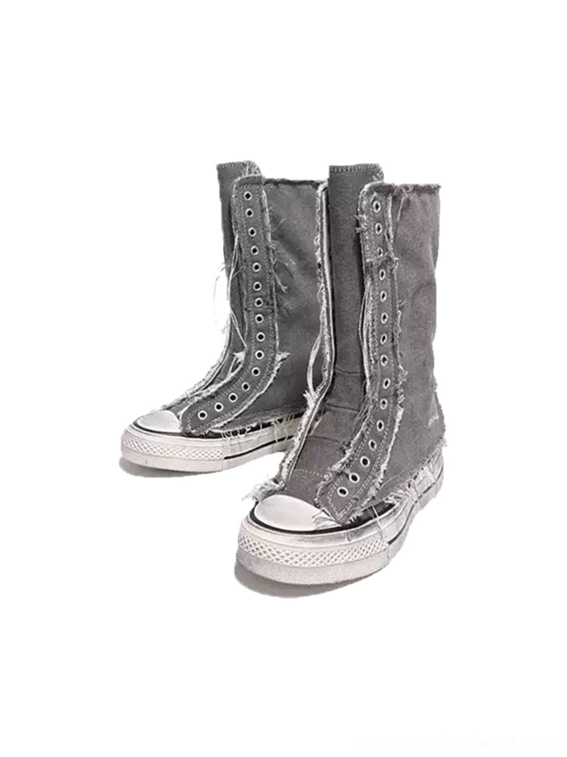Pair of light gray washed distressed canvas platform boots with high-top ankle shafts and frayed side detailing