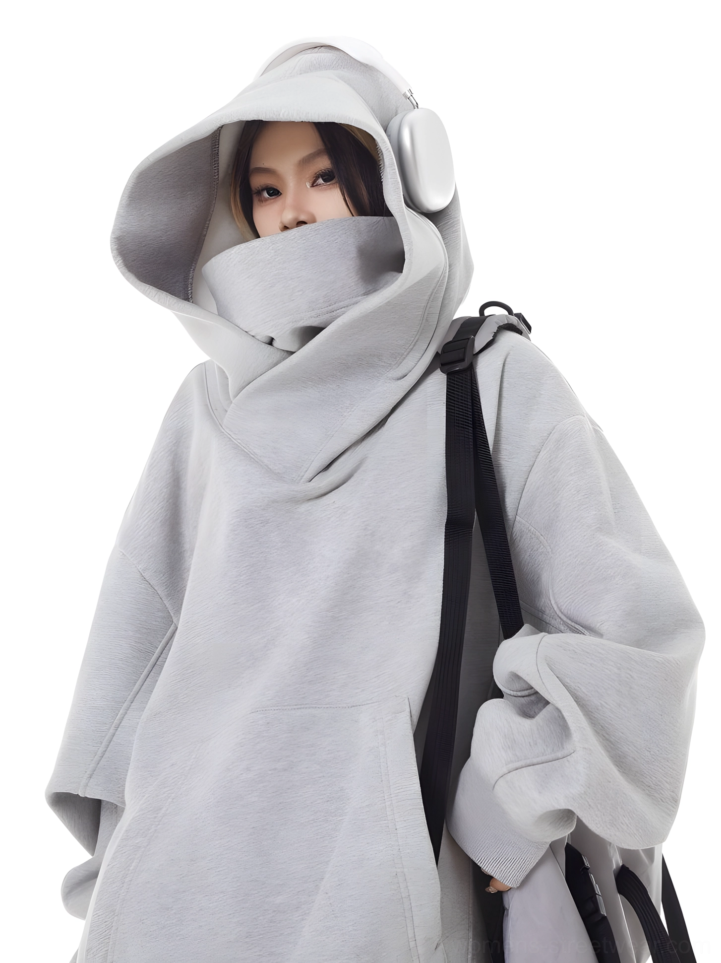Light gray women's oversized high-neck hooded pullover in a clean solid-color streetwear design