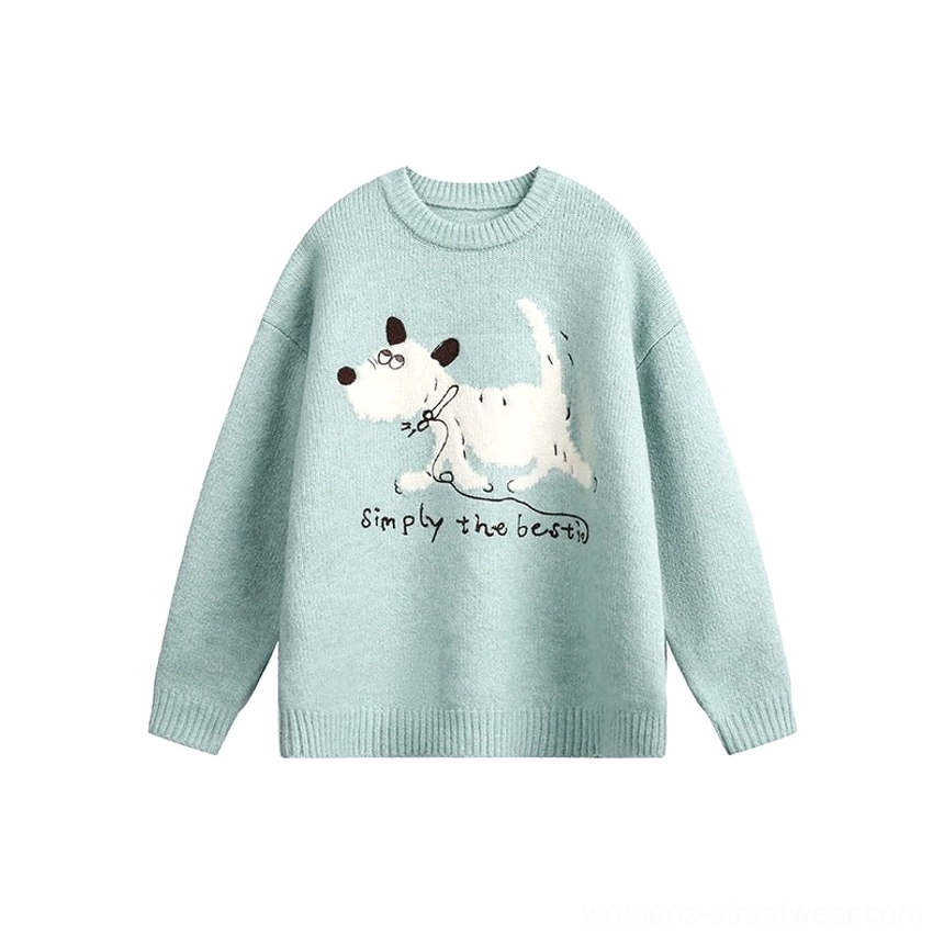 Light green oversized puppy graphic knit sweater for playful Korean streetwear and cozy casual styling