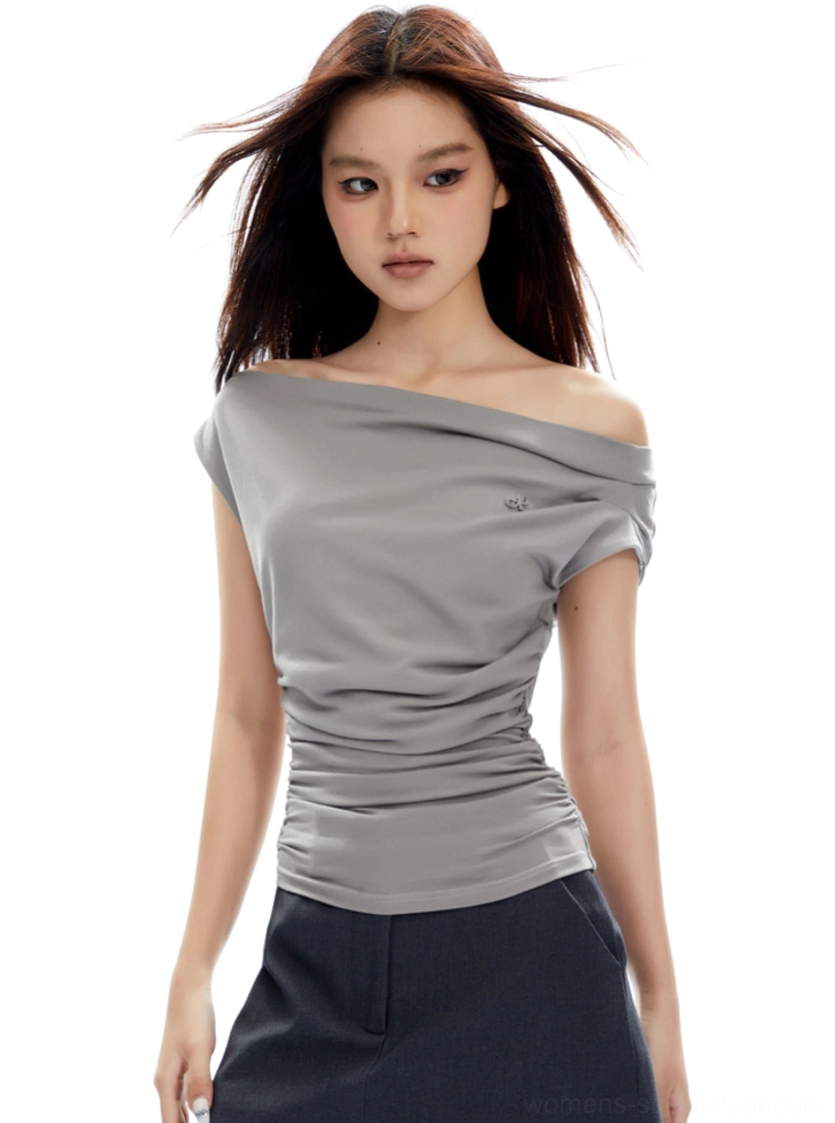 Light grey asymmetrical off-shoulder ruched top with draped neckline and slim contemporary streetwear silhouette