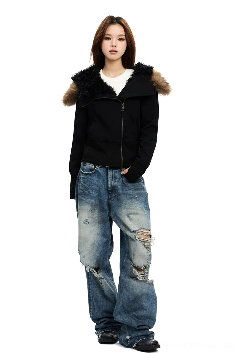 Light Grey and Black faux-fur hood zip-up hoodie design with cropped proportions and modern Acubi-inspired streetwear appeal