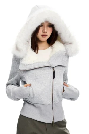 Light Grey slim cropped zip-up hoodie with contrasting white faux-fur hood trim and fitted Seoul streetwear silhouette