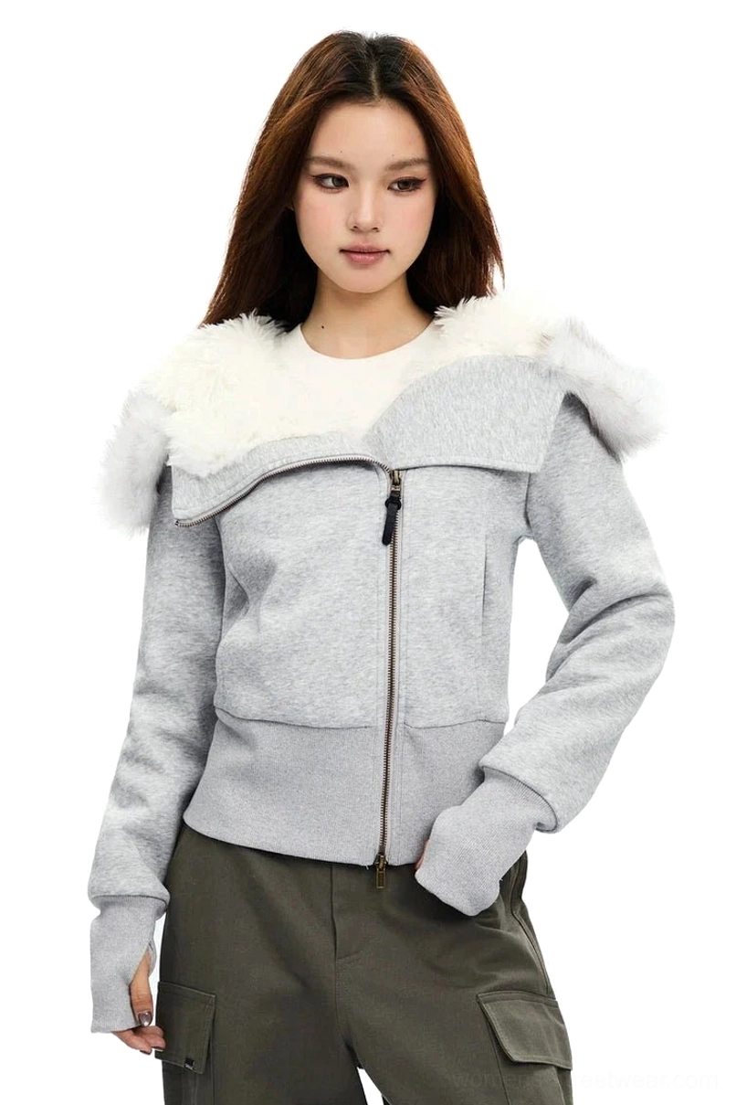 Light Grey faux-fur collar zip-up hoodie worn with the hood folded down for an off-shoulder inspired Korean streetwear look
