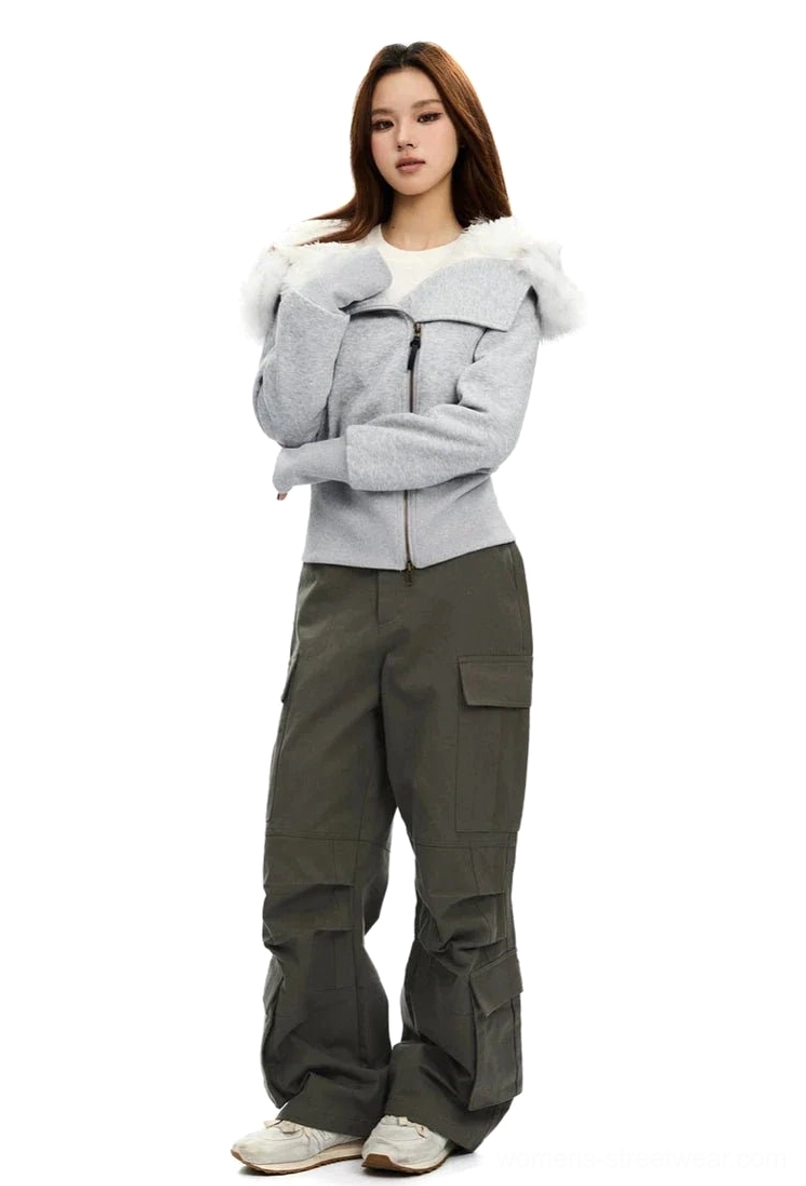 Three-quarter view of a Light Grey foldable hood zip-up hoodie with plush white faux-fur trim and fitted streetwear silhouette
