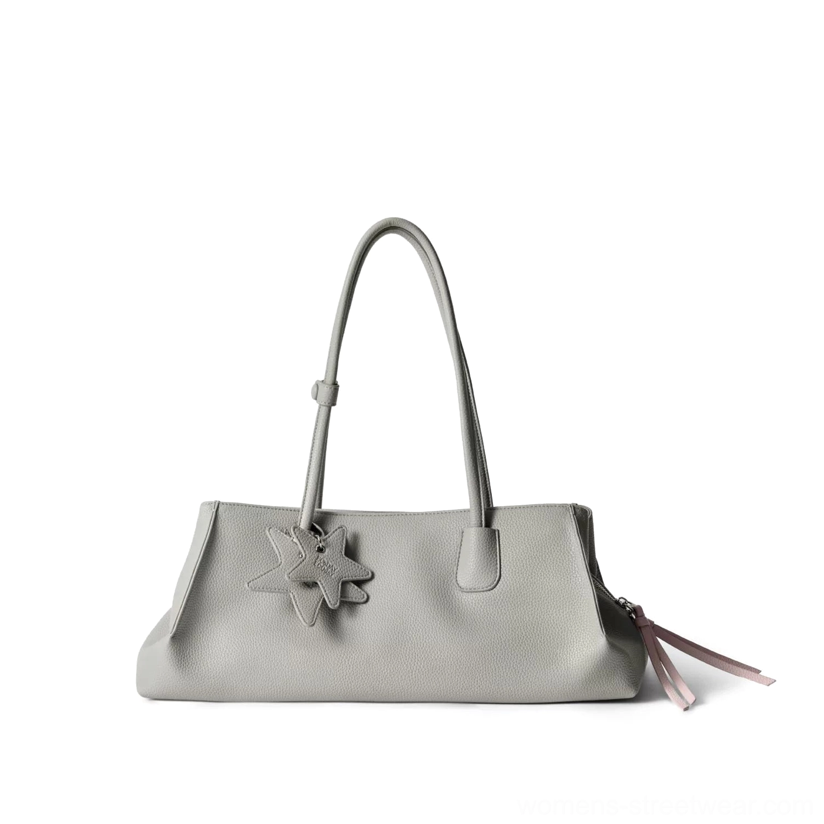 Light grey rectangular commuter tote bag side view with detachable adjustable shoulder strap and star charm accents