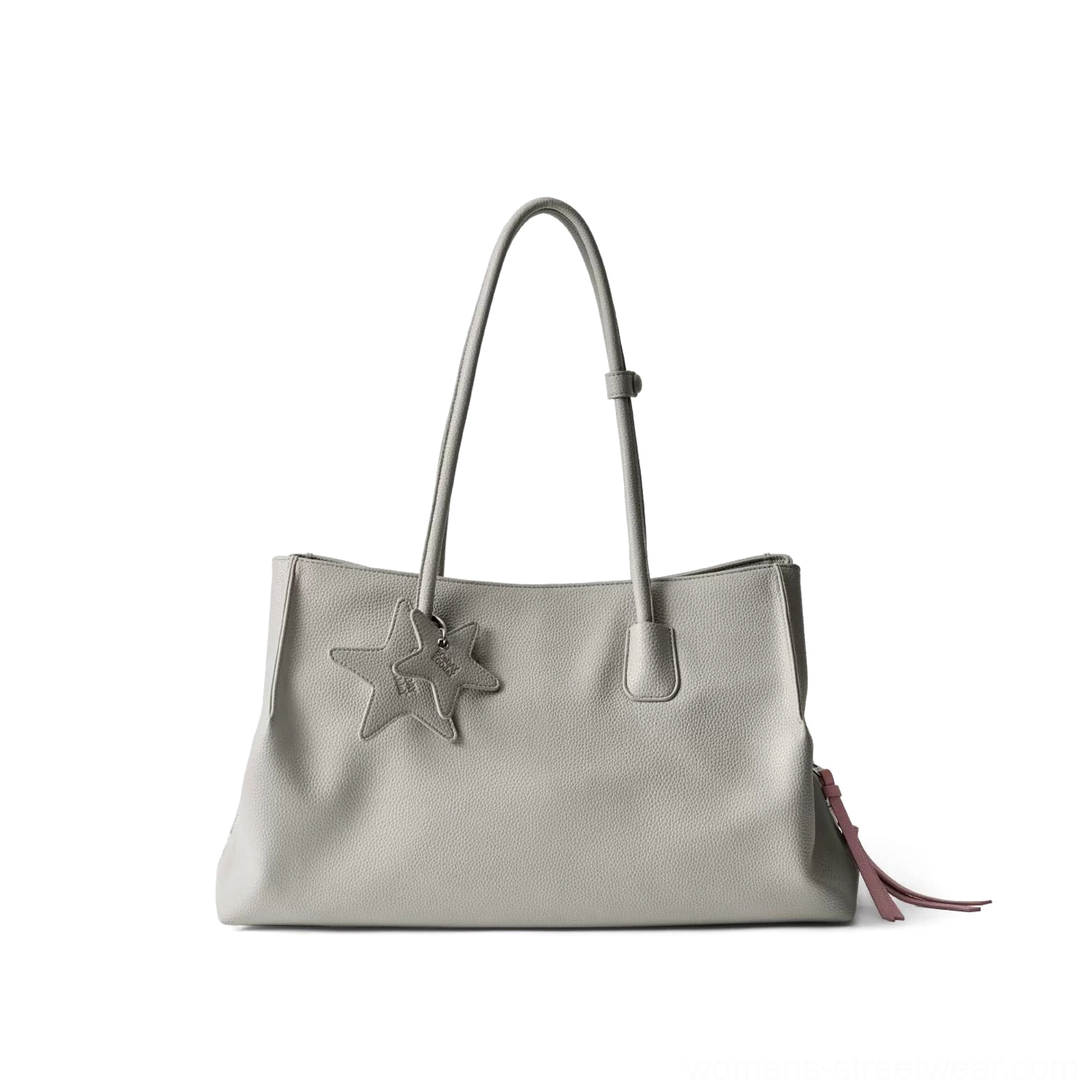 Light grey structured commuter tote bag front view with dual star charms pink tassel and top carry handles