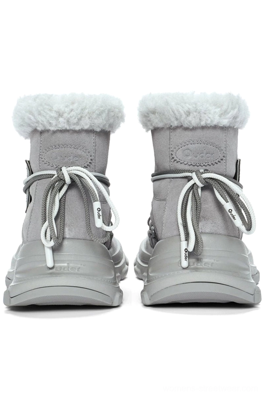 Pair of light grey winter snow boots viewed from the rear with fluffy white faux fur collars, dual-tone drawstrings, and chunky platform heels