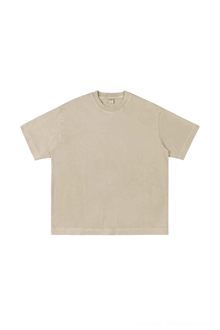 Light khaki beige oversized pigment-washed cotton crewneck T-shirt with vintage texture and relaxed fit