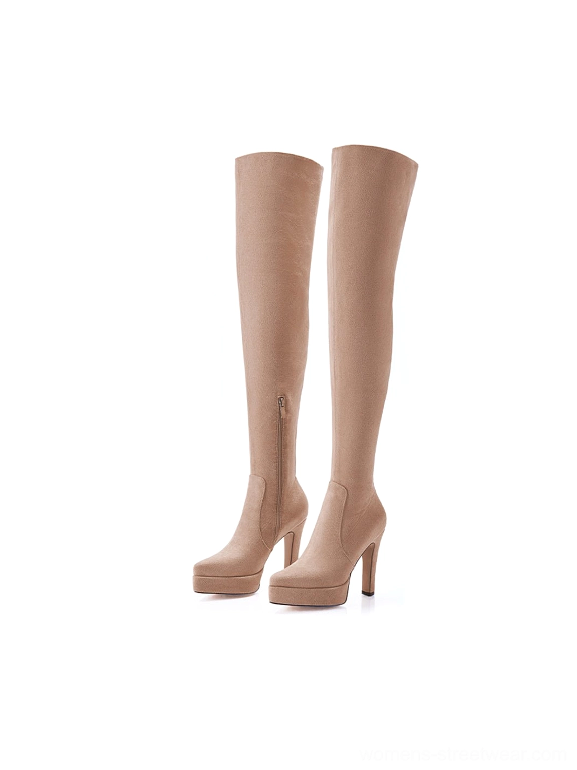 Pair of light khaki over-the-knee stretch suede platform stiletto boots with a hidden side zipper