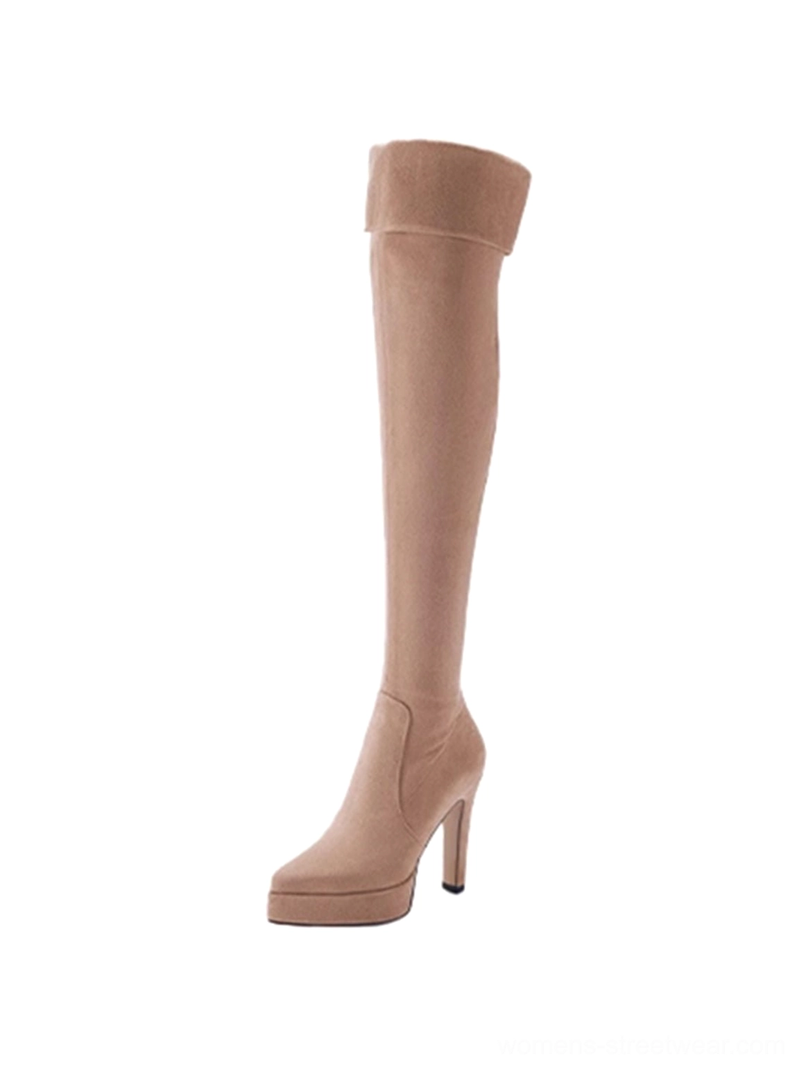 Light khaki stretch suede over-the-knee platform stiletto boot with a fold-over cuff shown in profile