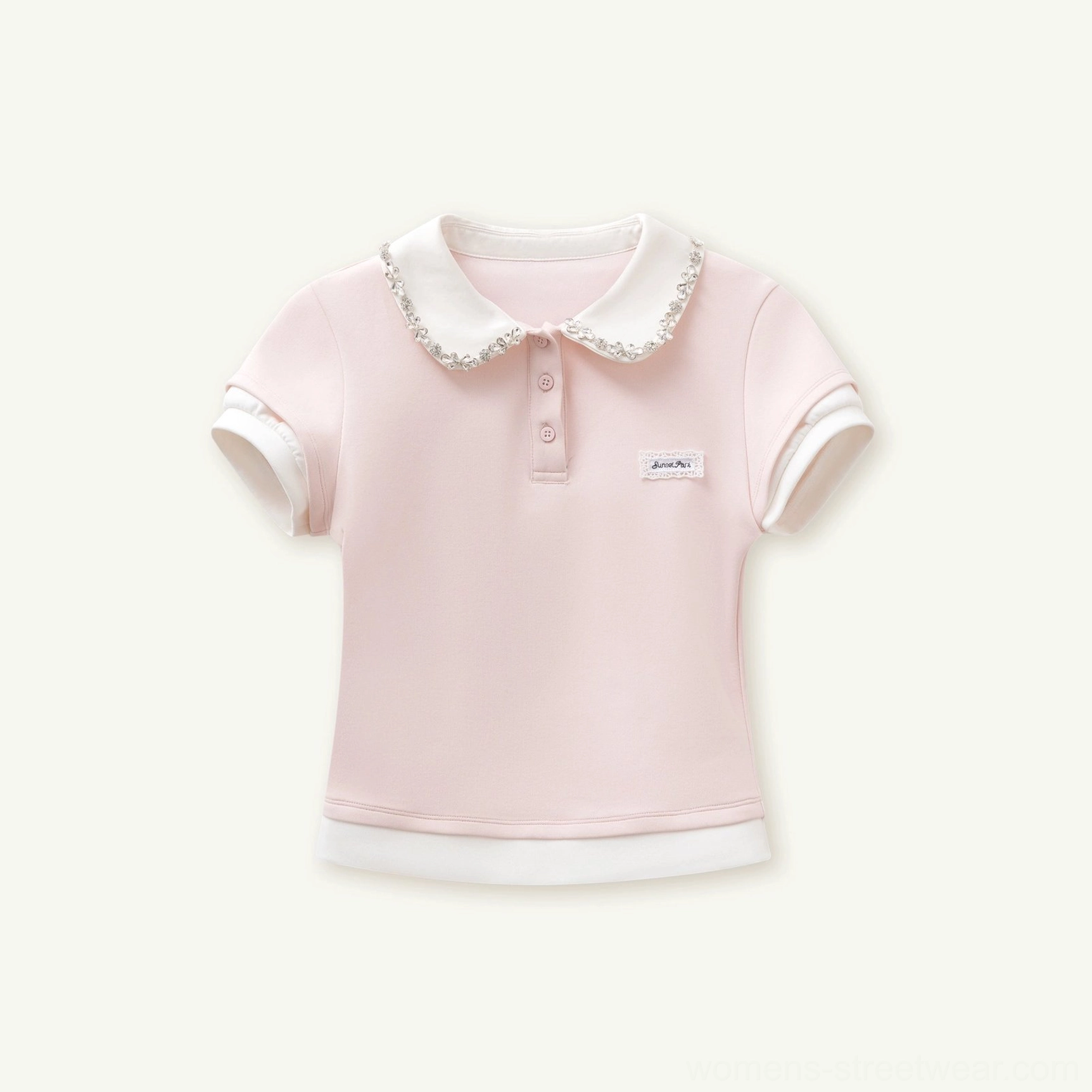 Light pink lace collar cotton polo top with a slim Korean preppy fit and contrast white collar accents