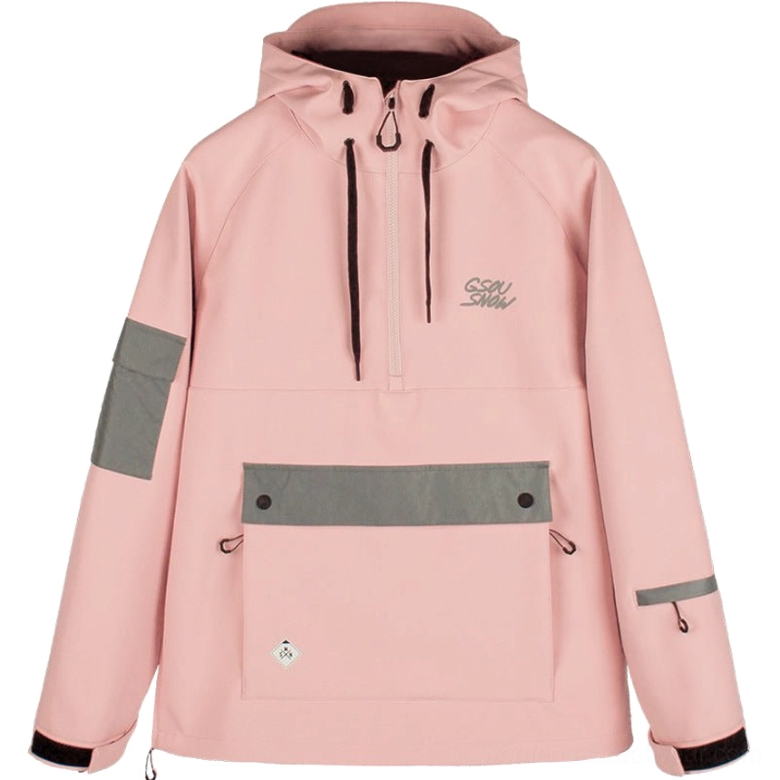 Light pink reflective half-zip ski anorak jacket with drawstring hood, cargo pocket, and streetwear fit