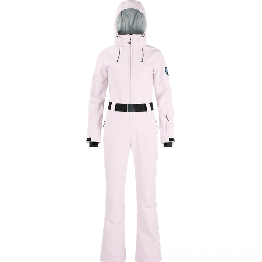 Light pink women's belted one-piece ski jumpsuit with detachable hood and bootcut flared legs
